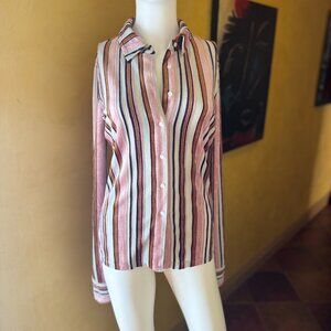 RTA Striped Velvet Button Down Shirt | Blush Pink Rust Black Cream | Luxe Design